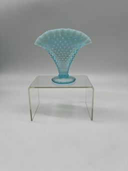 Fenton Glass Aqua Blue Hobnail Ruffled Edge Fan Vase Art Opalescent