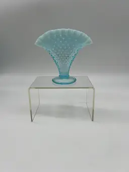 Fenton Glass Aqua Blue Hobnail Ruffled Edge Fan Vase Art Opalescent