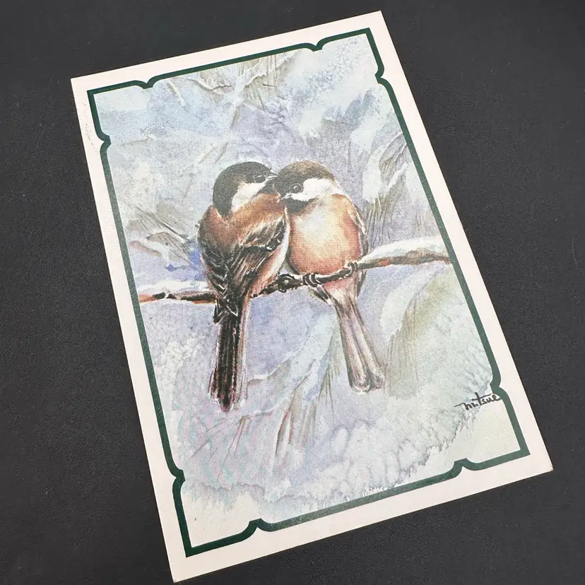 Vintage Lovebirds Green Border Continental Size Postcard, Posted 1955