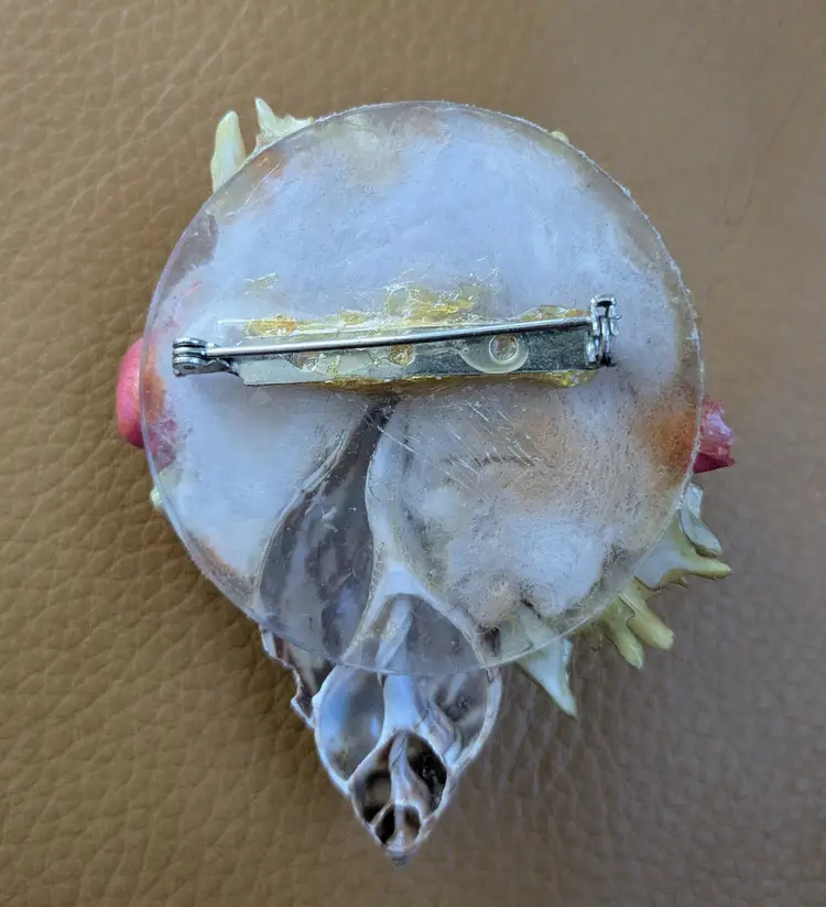 Vintage Shell Brooch with Creamy White Roses and Red Petals