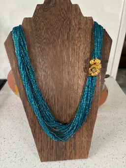 Gorgeous Vintage Blue Glass Seed Beads With Gold Toned Flower Clasp 20” Long