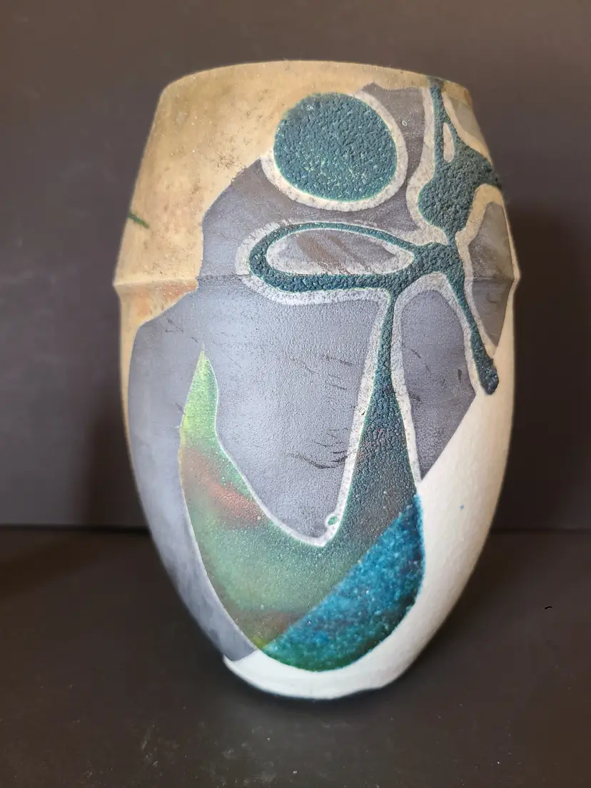 7-5/8" Raku Pottery Vase Signed by Artist