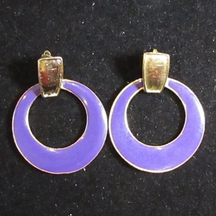 Vintage Gold Tone Metal and Purple Enamel Round Dangling Post Back Earrings - 1.5 Inch Diameter