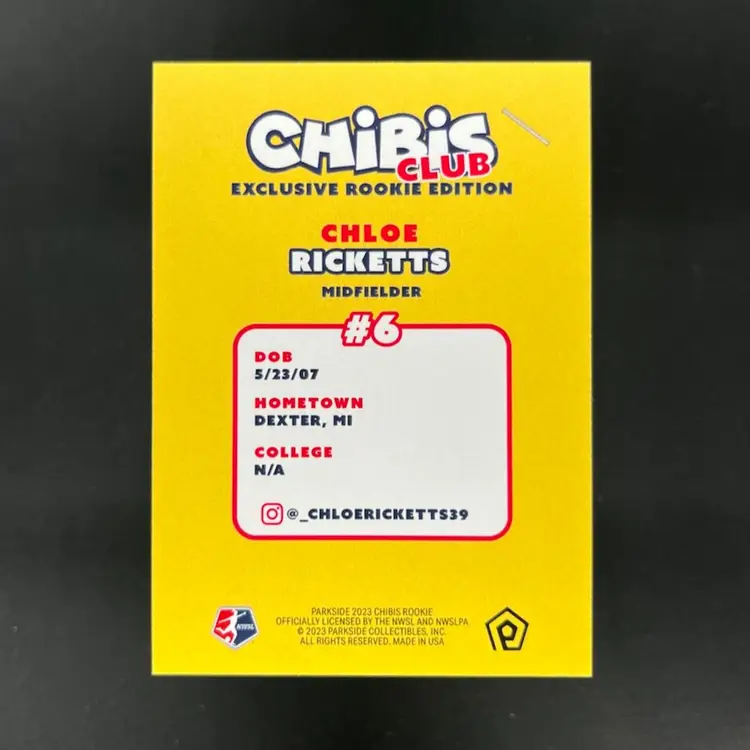 Chloe Ricketts 2023 Parkside NWSL Chibi Rookie Class Exclusive Soccer Card