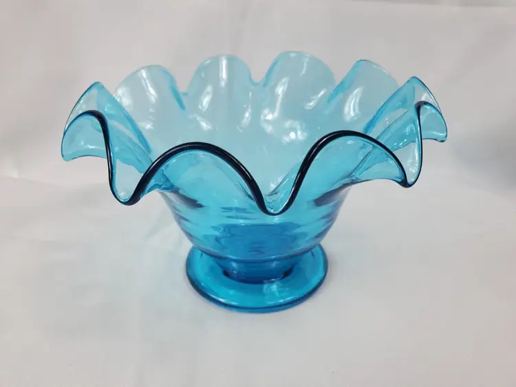 Vintage Bischoff Glass Ruffled 5" Blue Candy Bowl Dish Footed Mid-Century Modern