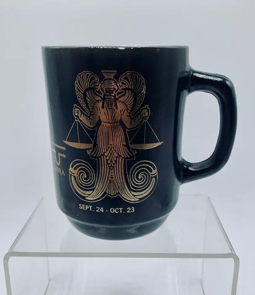 Vintage Libra Zodiac Anchor Hocking Milk Glass Coffee Mug Cup Black Gold