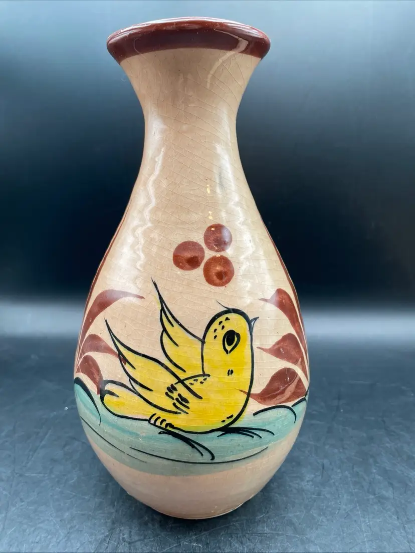 VTG Unsigned Tonala Mexico Vase With Yellow Bird