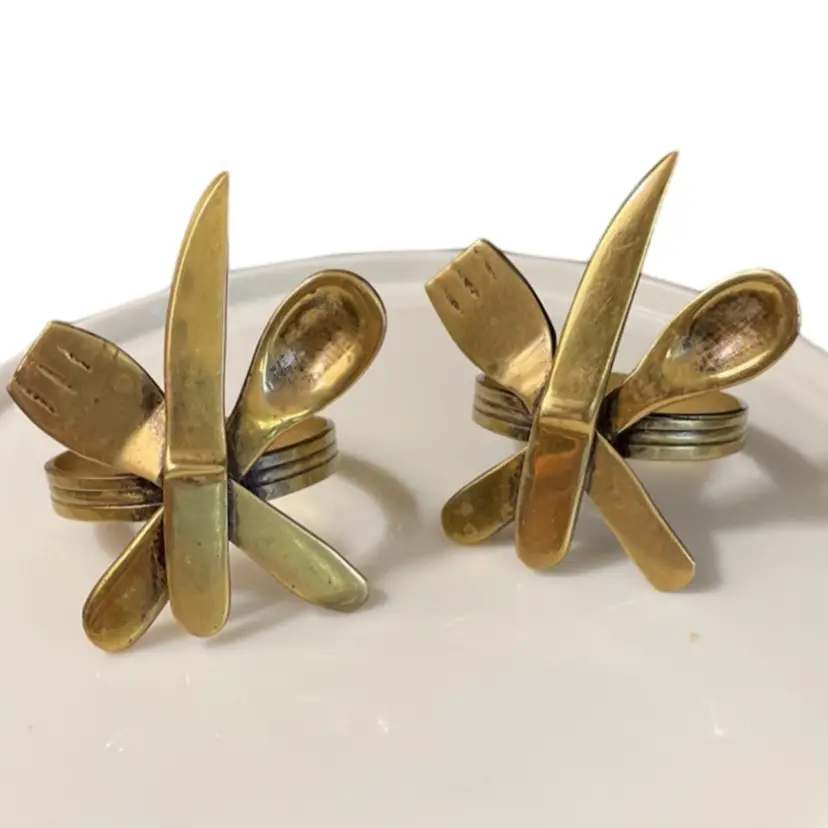 Vintage Brass Napkin Rings (2) Fork Spoon Knife