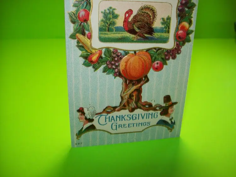 Thanksgiving Postcard Vintage Embossed Tree Of Life Pilgrims Series 927 Unused