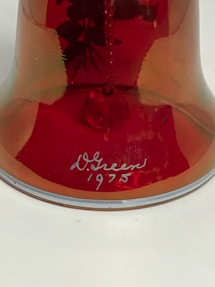 1975 Westmoreland Hand Painted Ruby Red Glass Bell, Artist Signed, 5.25" Tall