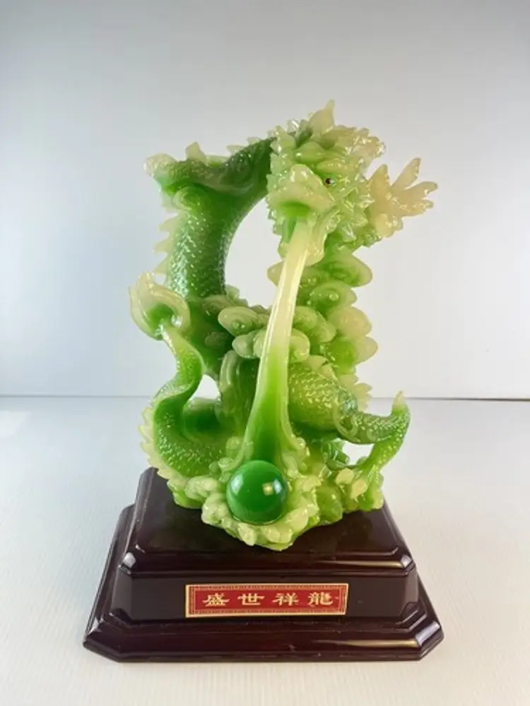 Prosperous Dragon Large Jade Green Glass with Marble Wood Base 12"T Chinese Gift