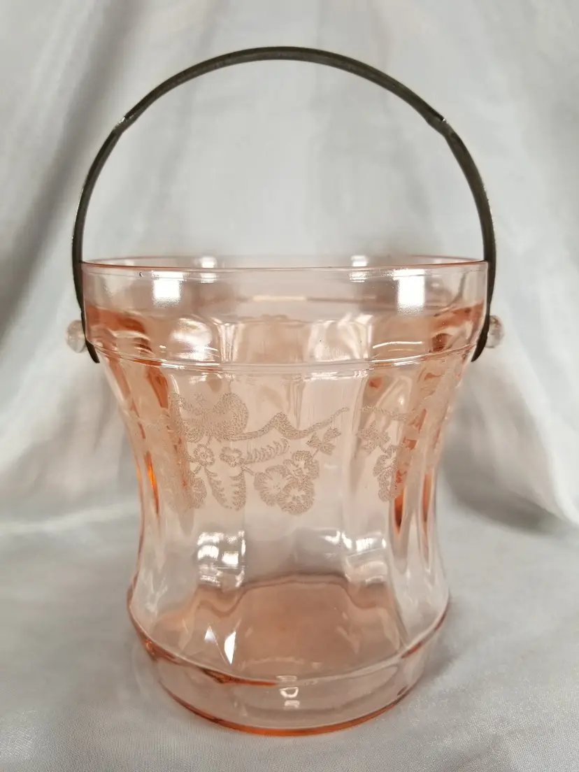 Vintage Pink Depression Glass Etched Ice Bucket
