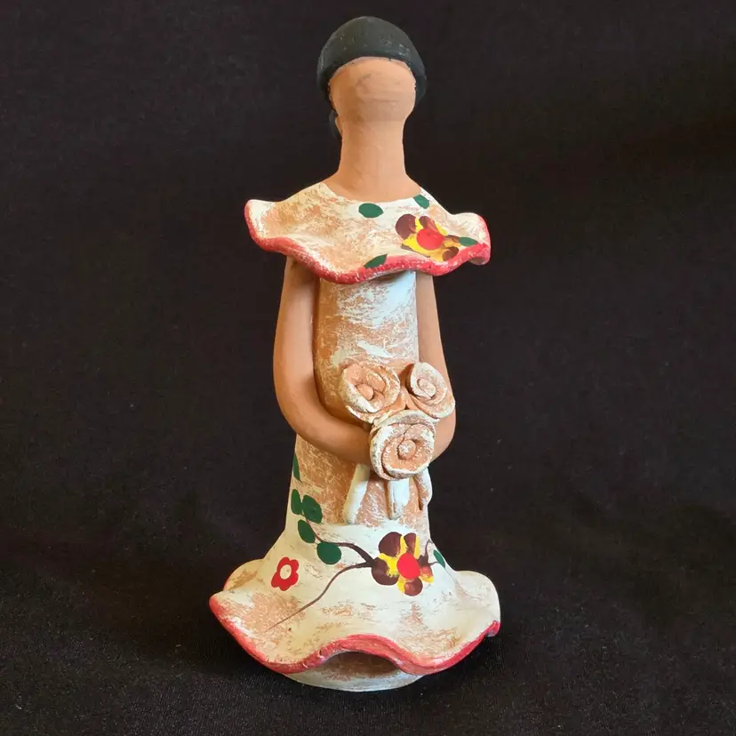 Folk Art Woman Figurine Faceless Pottery Handmade & Painted 5½" Tall Unbranded