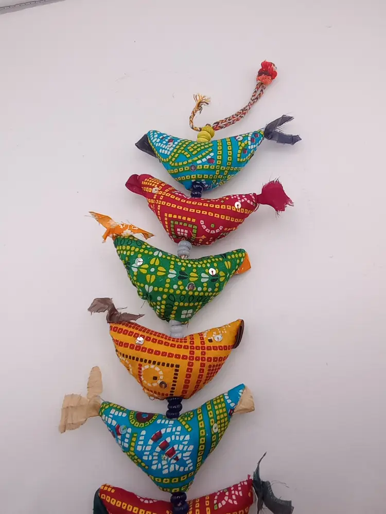Hanging stuffed birds w bell from India