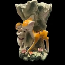 Cherub Angel & Fawn 1930's Pottery Vase