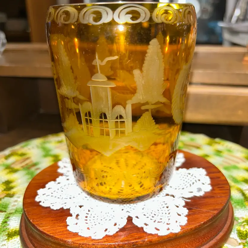 Antique Egerman Bohemian Amber Cut To Clear Glass. With Scrolls, Stag, Zipper Cuts, Monument.