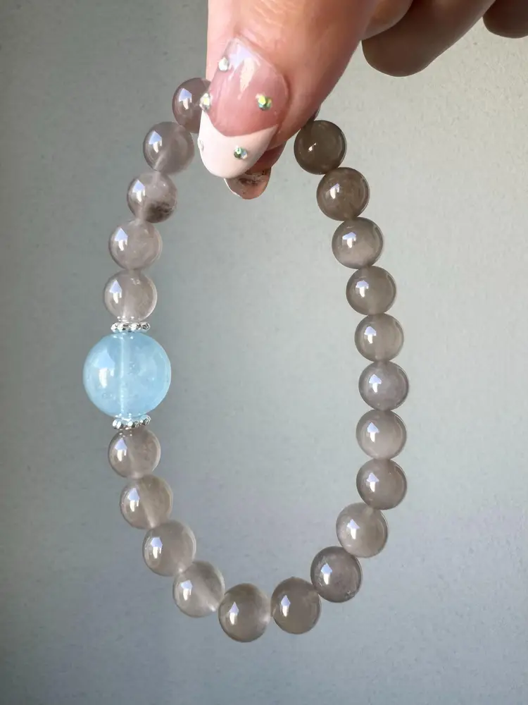 Premium Grey Rabbit Hair Rutilated Quartz + Aquamarine Top Bead Bracelet