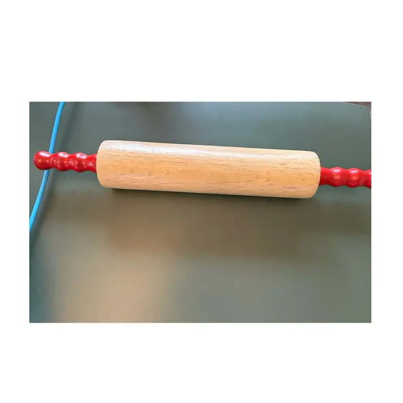 Vtg Wood Rolling Pin w/ Red handles 18.5”x2”