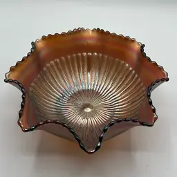 Northwood Antique Stippled Rays Amethyst Carnival Glass Ruffle Bowl