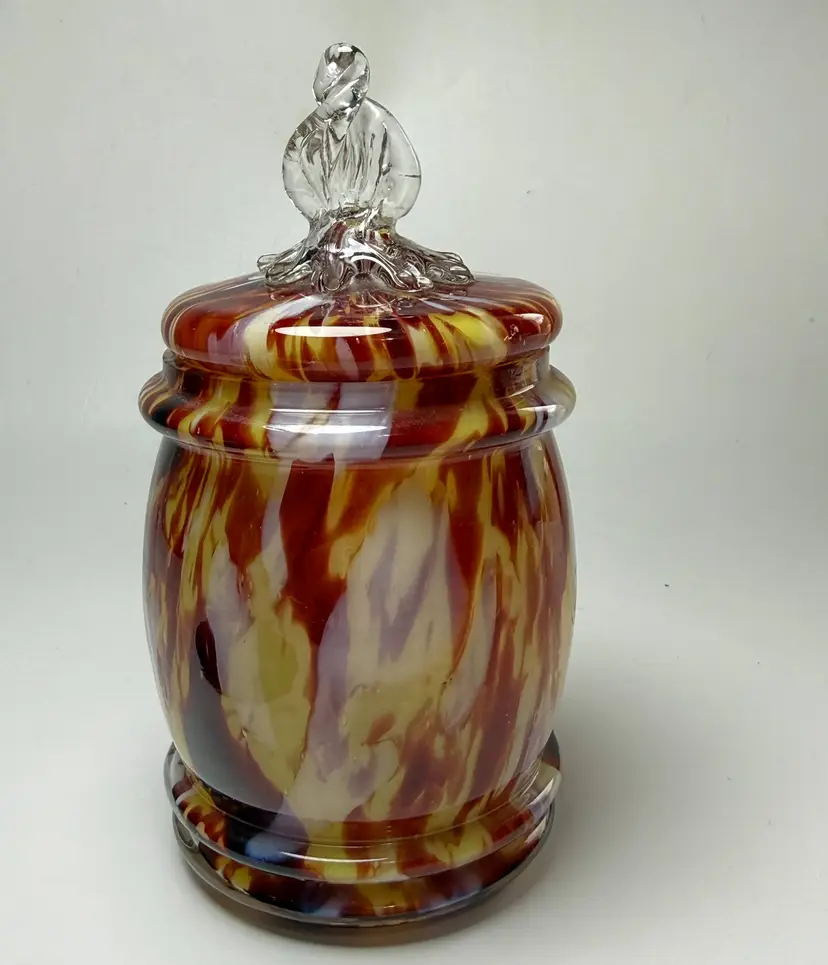 Vintage Czech Spatter Splatter Art Glass Candy Jar Oxblood Yellow Welz GLOWS