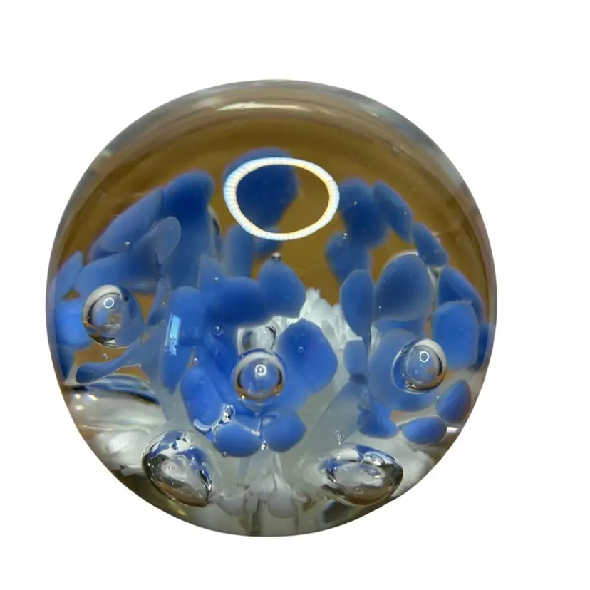 #01 Gibson 1992 White With Blue Floral Art Glass 3x3 Stamped Paperweight