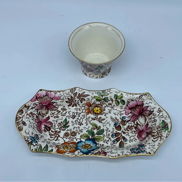 #3722 Early 18th-century J Kent Fenton England chintz Tray And Cup with gold trim.