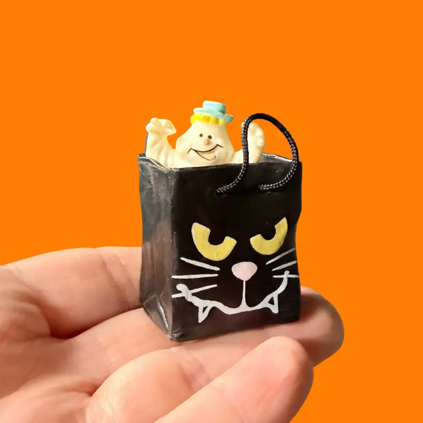 Vintage HALLOWEEN Boo Ghost Figurine in Black Cat Trick or Treat Bag