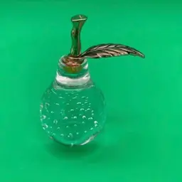 VTG Clear Glass Pear Shaped Paperweight w Controlled Bubbles & Brass Stem + Leaf