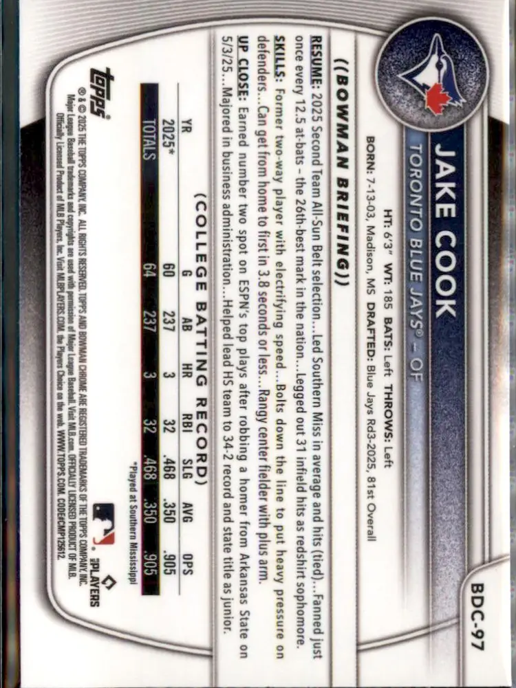 2025 Bowman Draft #BDC-97 Jake Cook Chrome - (138) - Toronto Blue Jays