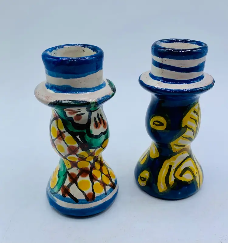 Pair Mexican Pottery Candlesticks 4.5” Hand Painted Talavera Style Decor