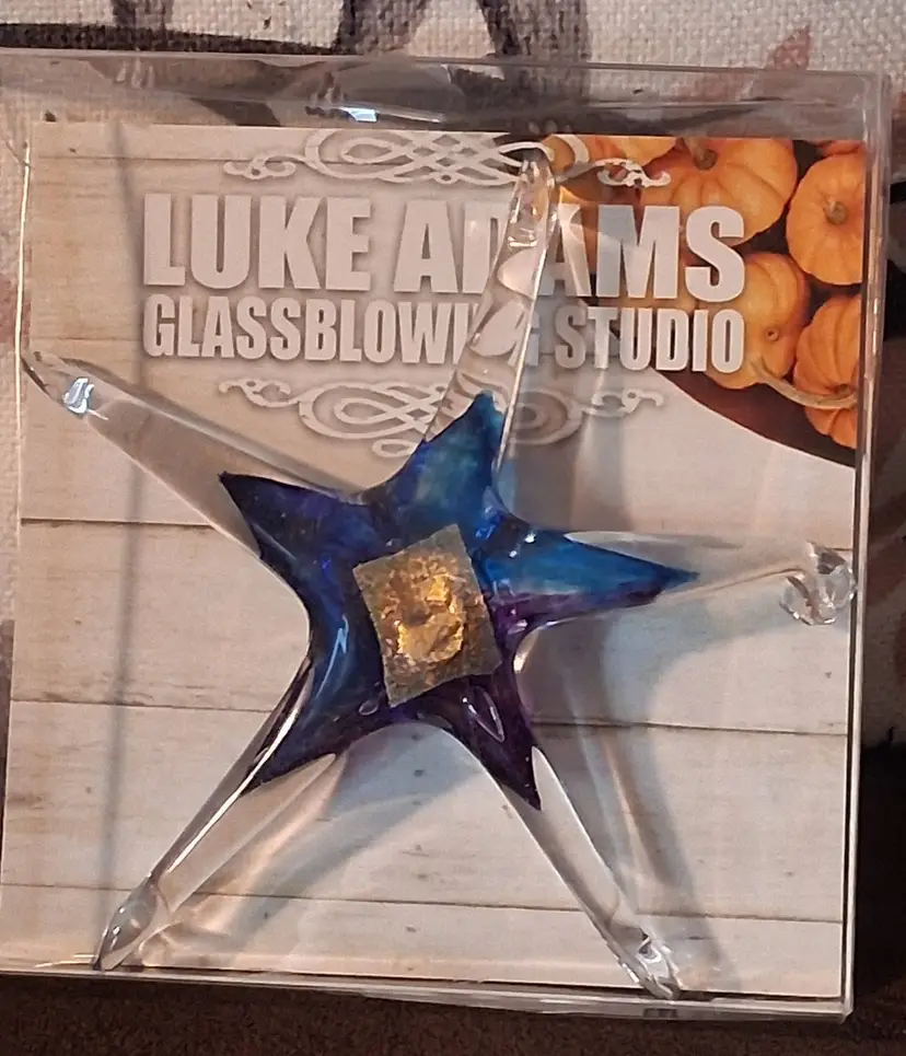 Luke Adams Hand Blown Art Glass Cobalt & Gold Star Suncatcher, Paperweight, Decor
