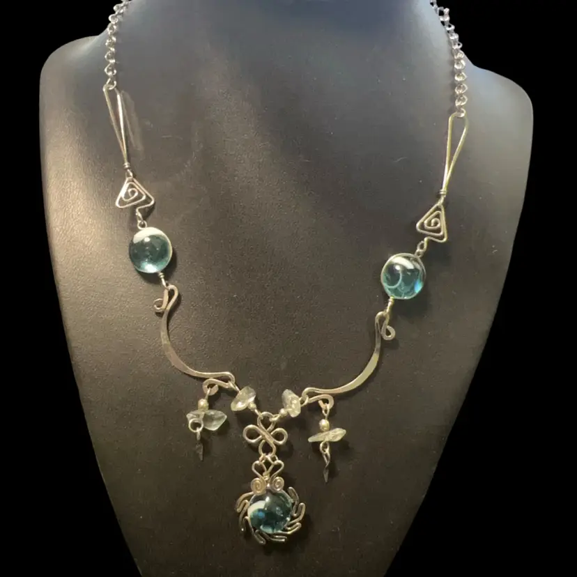 Artisan Created Silver Tone And Blue Art Glass Necklace 16” Chain, 1.5” Pendant Summer Water Ocean Beautiful Flowing Design , Unmarked