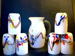 🤍🌈🤍Stunning Vintage Dalian / Snowflake Glass Barware Set, Pitcher and Six Glasses 🤍🌈🤍