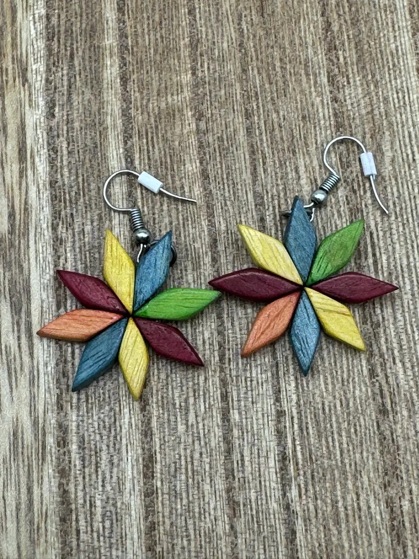 Wood Multi Color Star Dangle Hook Earrings Rainbow Blue Red Yellow