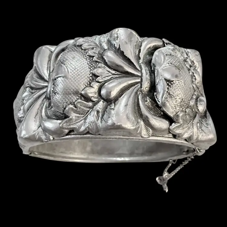 1950s Silvertone Repousse Metal Clamper Bracelet With Safety Catch Chain 2.25”