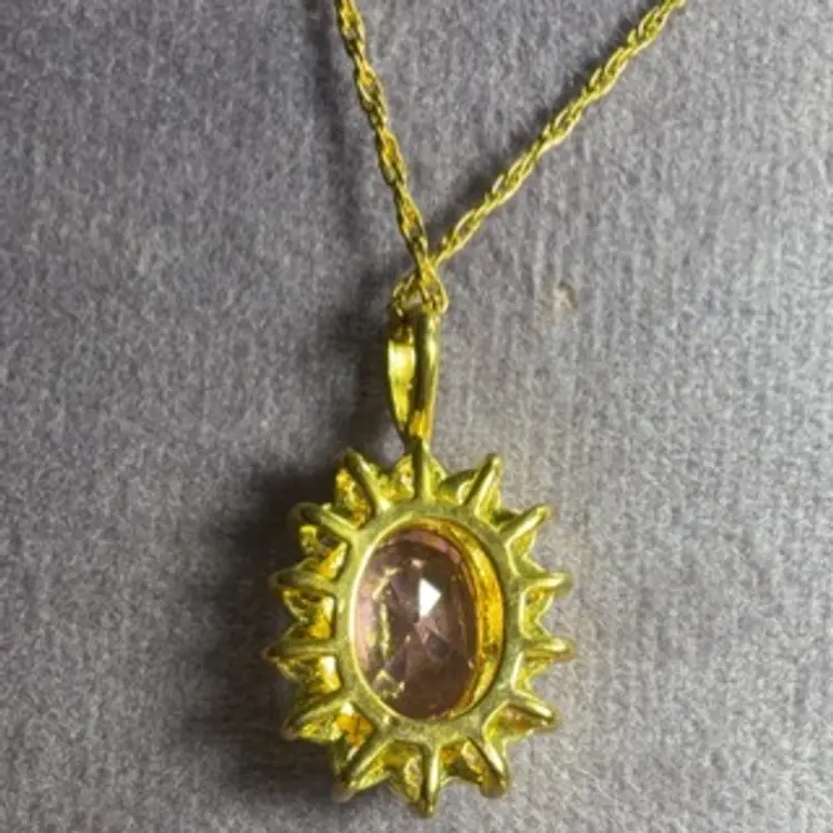 Vintage Gold Tone Pink & Clear Rhinestone Pendant On 20” Gold Tone Chain