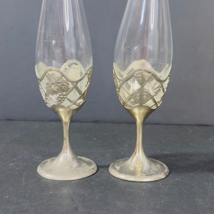 #1269 Vintage Japan Single Bud Vase Silver tone And Glass Vases Set Of 2