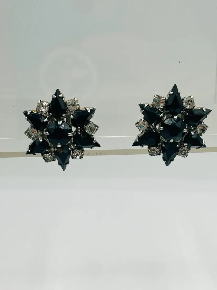 Star Burst Black And Clear Weiss Rhinestone Star Clip Earrings