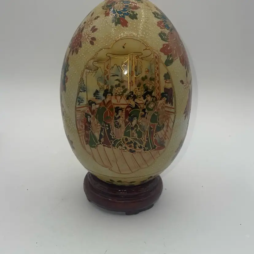Decorative Egg With Wood Base 7.5” Asian Theme
