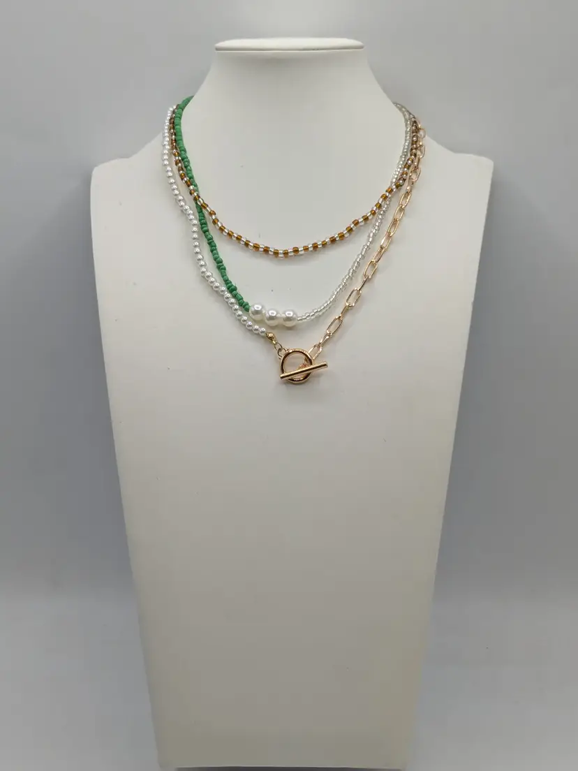 Jennifer & Company Layered Gold Tone Green White Beaded Necklace Set NWT