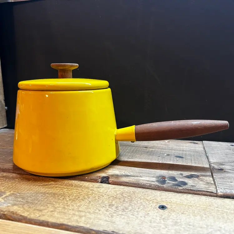 Yellow Enamel Fondue Pot Mid Century Modern MCM Copco Michael Lax Design Cottage