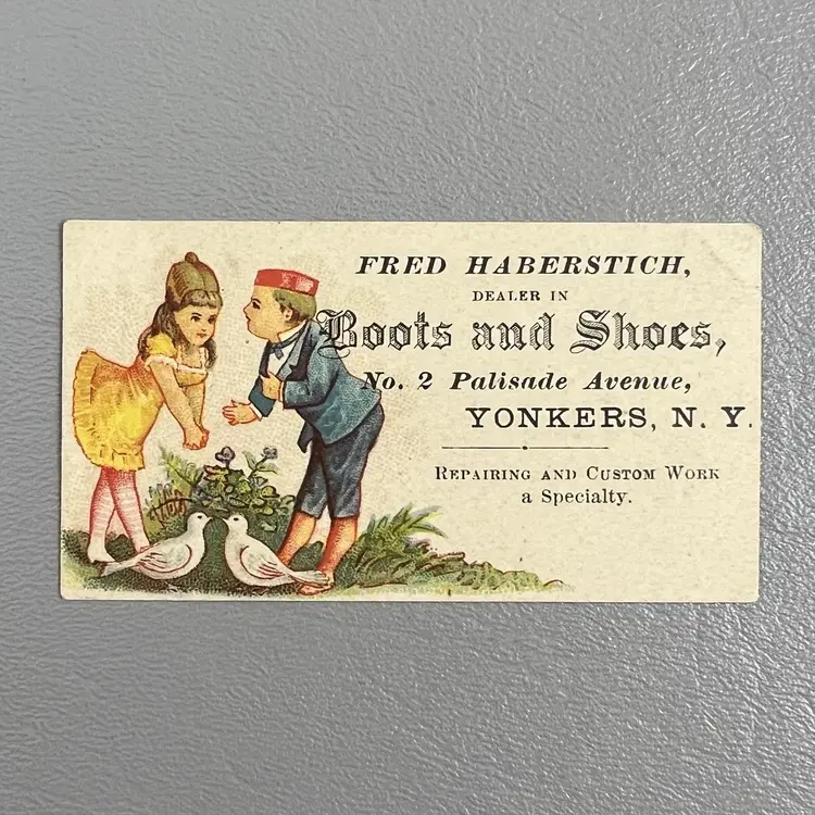 Victorian Trade Card Fred Haberstitch Boots And Shoes Yonkers NY Couple Birds  No. 2 Palisade Ave