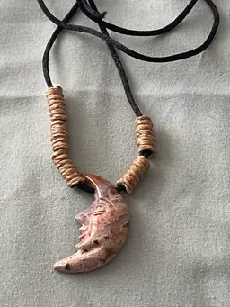 26” Necklace Stone Crystal Man In The Moon Face Pendant On Black Cord 1.25” H