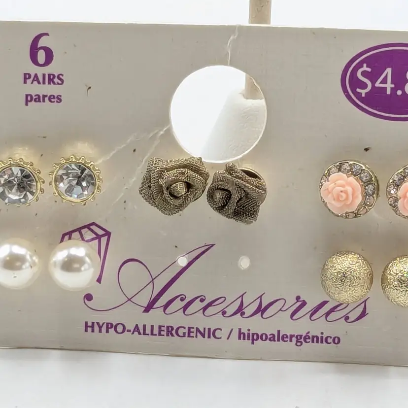 Set of 5 Gold Tone Stud Pierced Earrings Hypo-Allergenic NOS