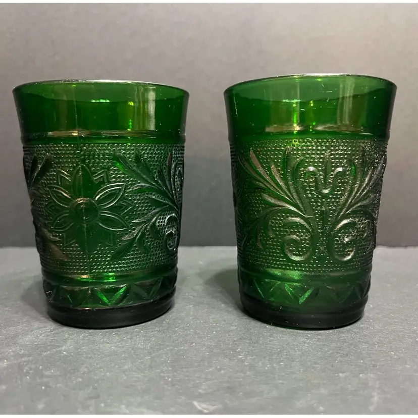 MARKDOWN! Anchor Hocking Emerald Sandwich Glass 5oz Tumblers, ~4" Tall, ~3" Diameter at Mouth, Set Of 2