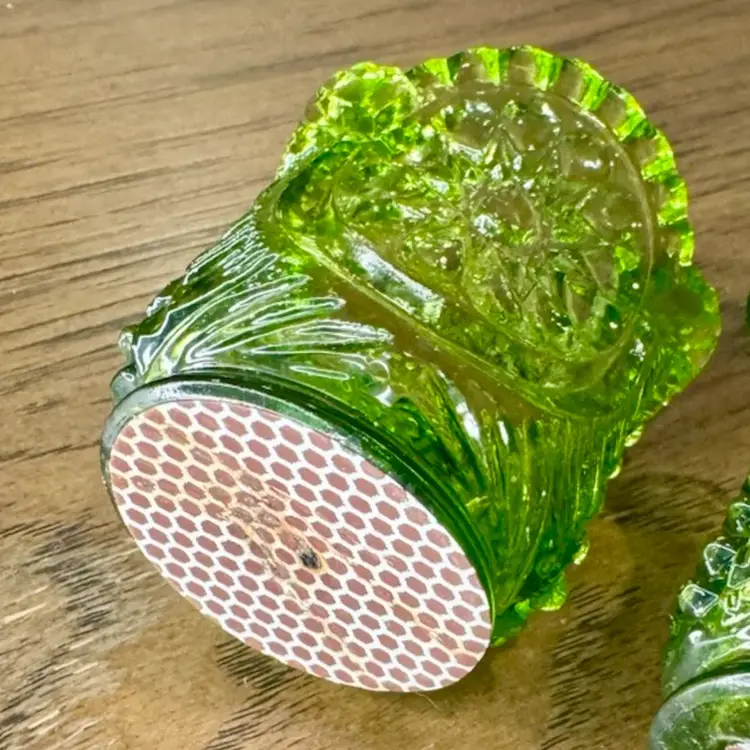 Vintage green glass mini vessel, Indiana Glass in the Sunburst pattern. 2” T & 2” W