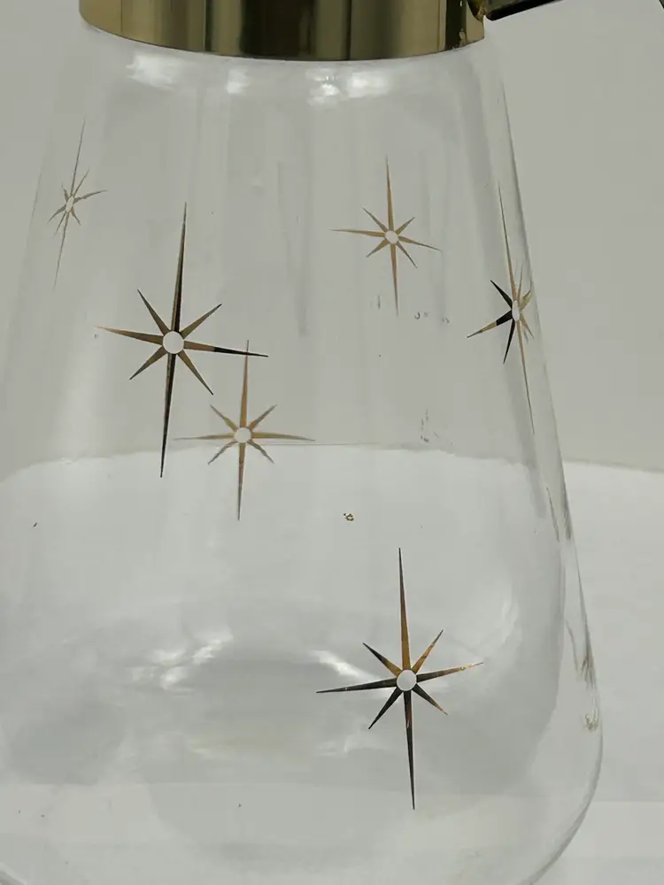 Vintage MCM Corning, Ware, Atomic Starburst, Glass, Coffee Carafe, Gold Stars 6 Cups