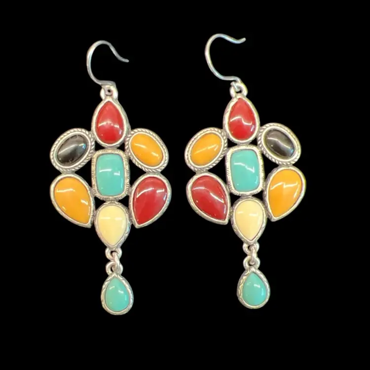 Vintage Lucky Brand Multicolor Boho Dangle Earrings Silver Tone #D6-3