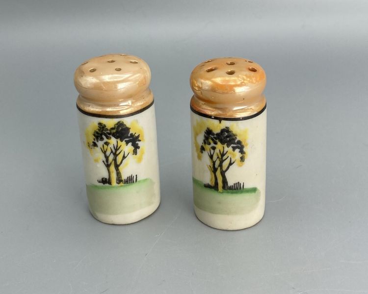Chikaramachi Lusterware Miniature Salt & Pepper Shakers - Japan - Tree Landscape - Vintage