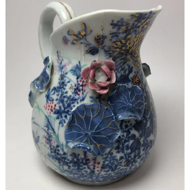#01 Mid 19th Century English Flow Blue Porcelain Pitcher Applied Water Lilies Pads